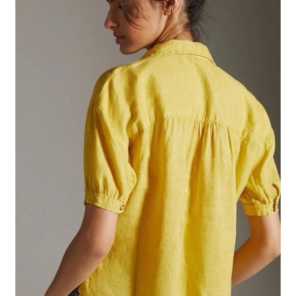 PILCRO Anthropologie 100% Linen Surf Button Down Short Sleeve Shirt Yellow Med - Picture 3 of 13
